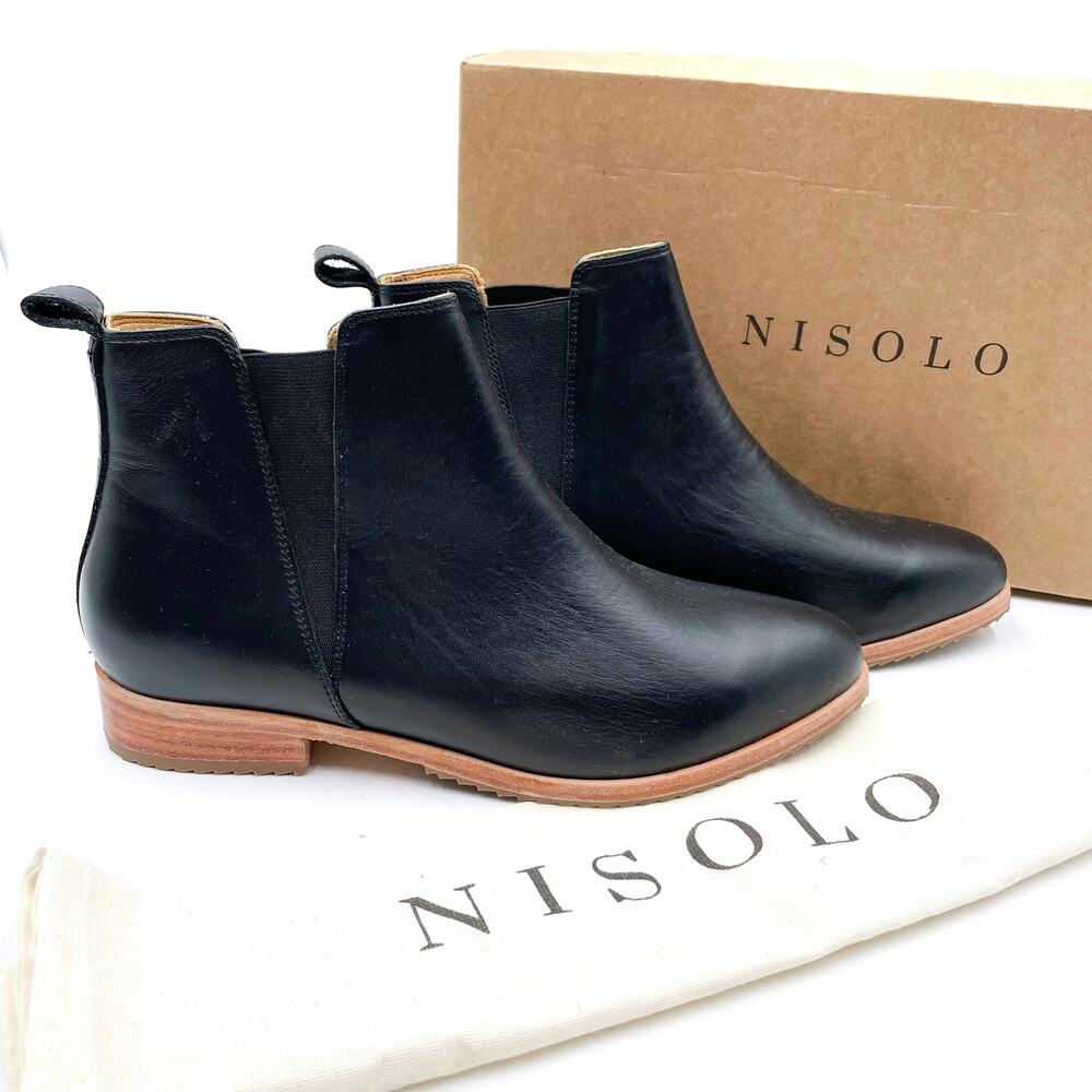 Nisolo Everyday Chelsea Boot Black Leather Ankle Block Heel Sz 7.5 Women's